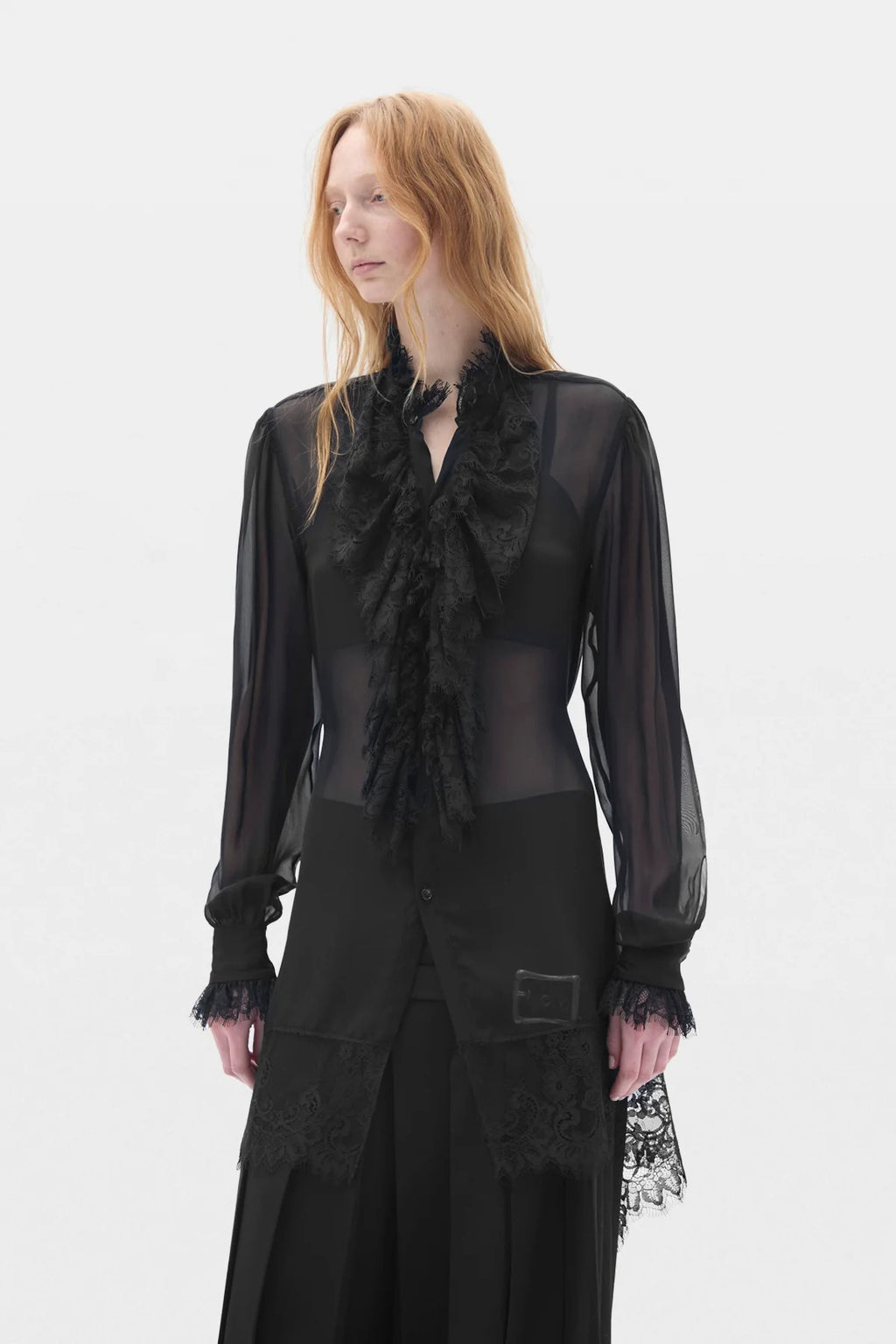 BARAH LONG COMFORT SHIRT WITH LACE RUFFLES BLACK