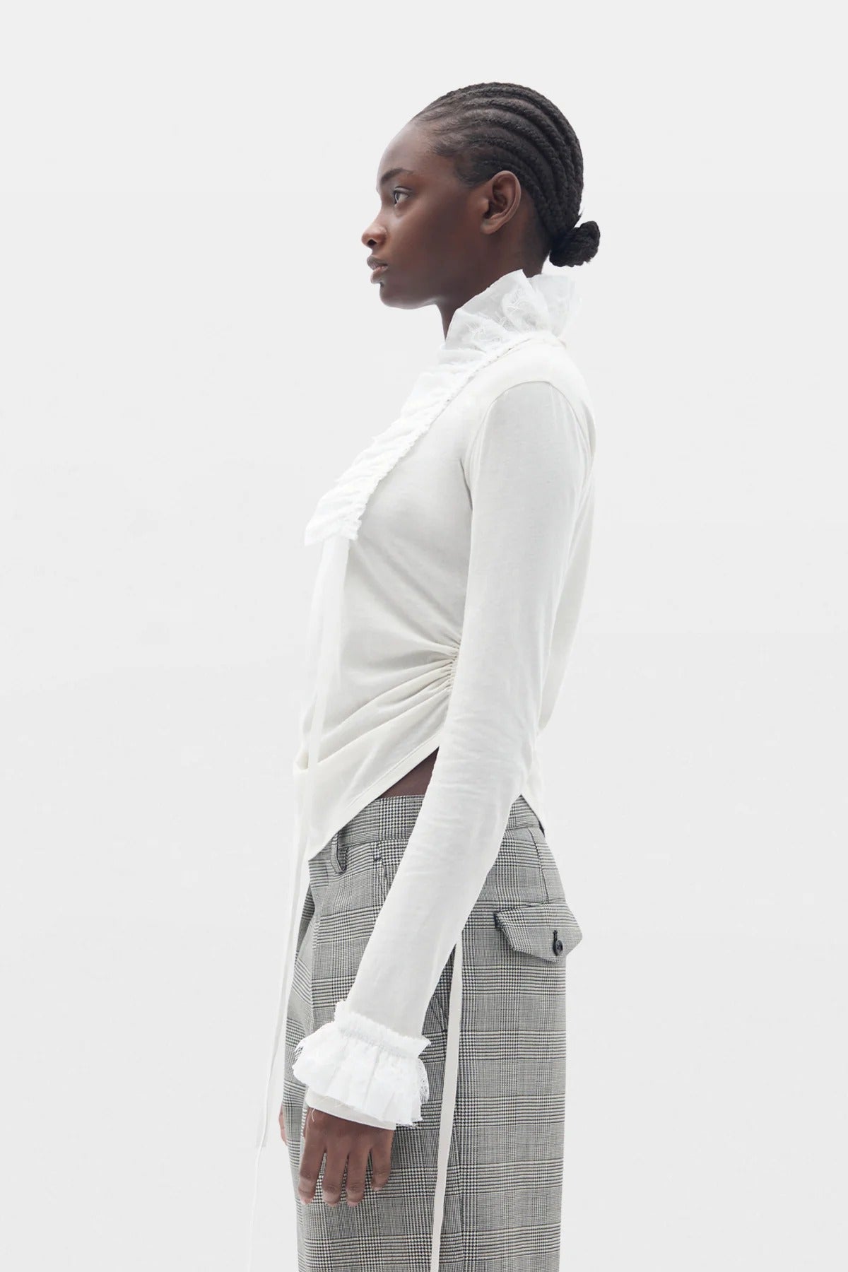 INNA WRINKLED CROPPED LONG SLEEVE TOP WITH RUFFLED COLLAR AND CUFFS IVORY