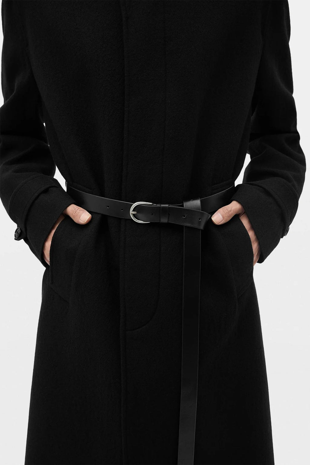 WILMER CAR COAT WITH LEATHER BELT BLACK