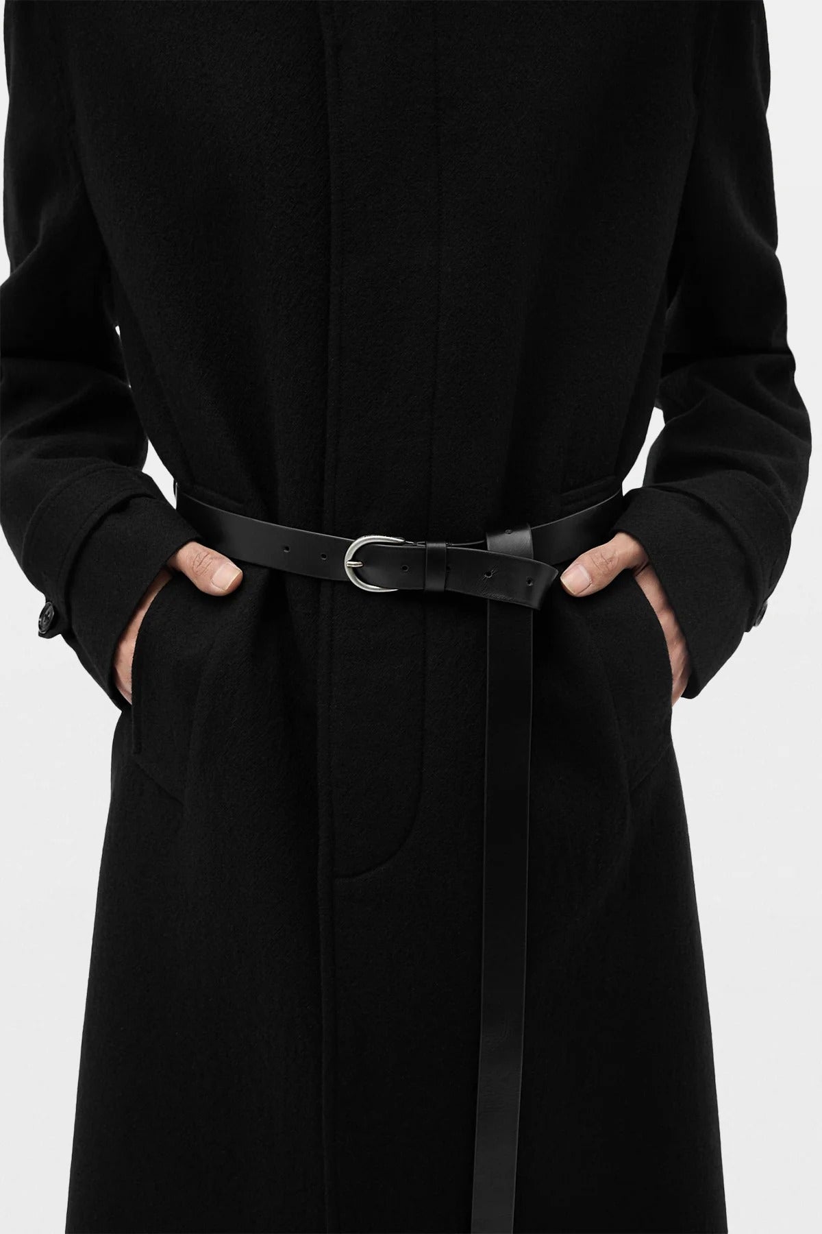WILMER CAR COAT WITH LEATHER BELT BLACK