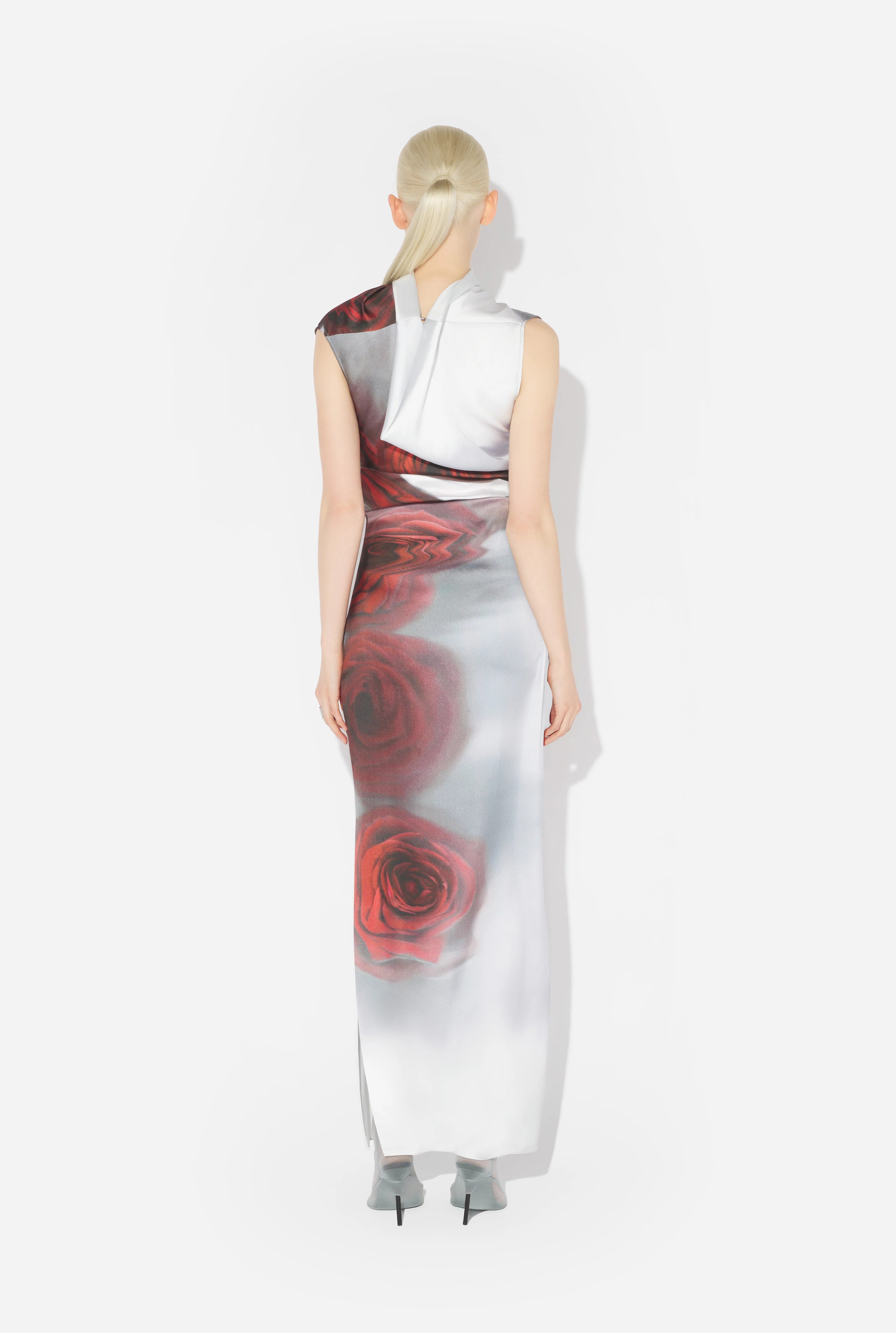 LONG PRINTED DRESS WHITE/GREY/RED