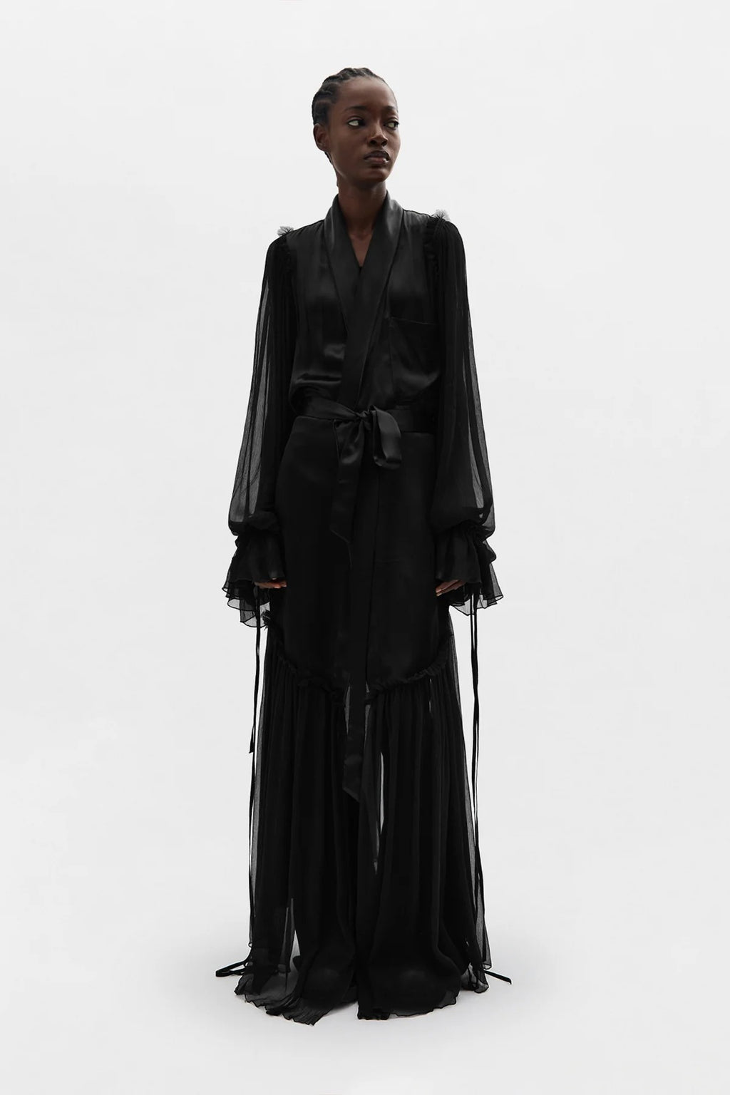 IRIA FLUID ROBE WITH SILK VOILE CREPONNE RUFFLE CONTRAST BLACK