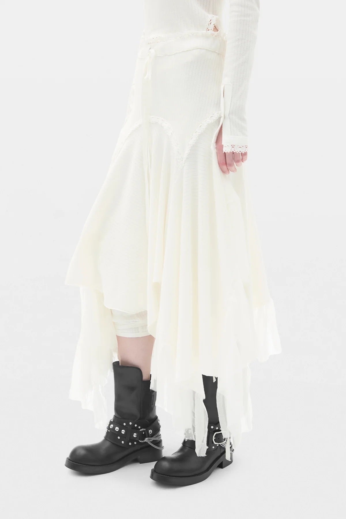 VEGA MIDI SKIRT W/ SILK CHIFFON RUFFLES IVORY