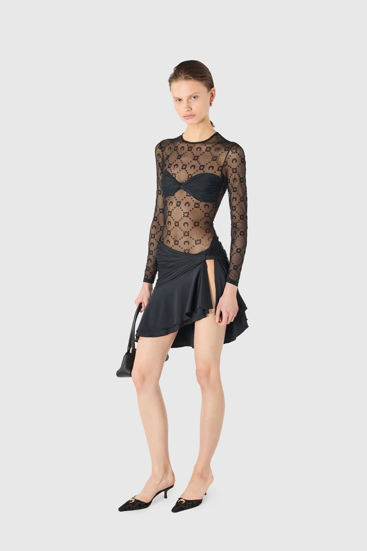 MOONOGRAM MESH FLOCK MINI DRESS BLACK