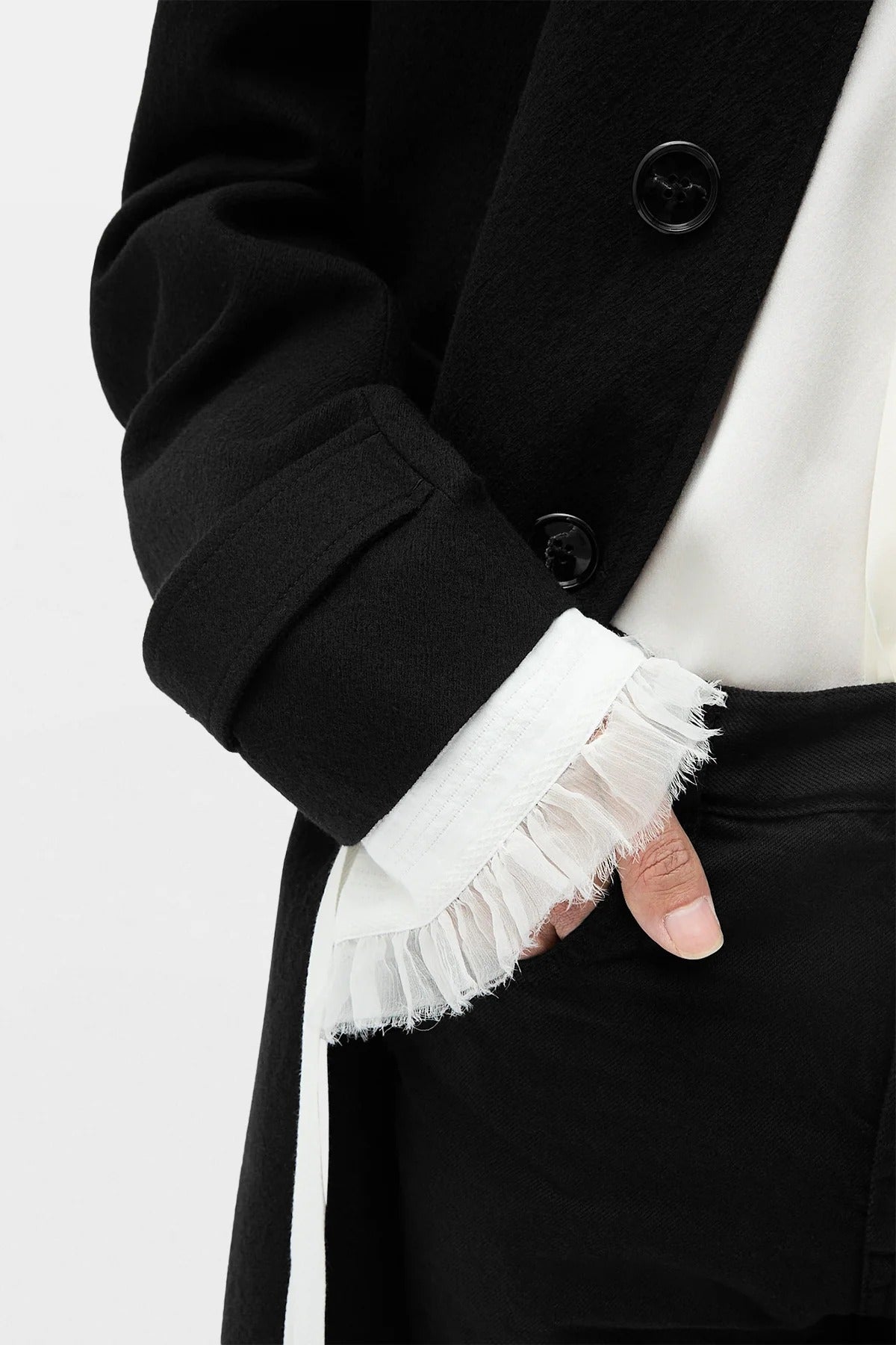 WILMER CAR COAT WITH LEATHER BELT BLACK