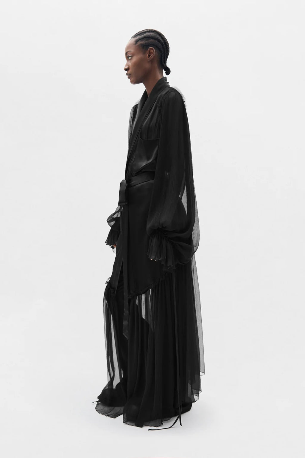 IRIA FLUID ROBE WITH SILK VOILE CREPONNE RUFFLE CONTRAST BLACK