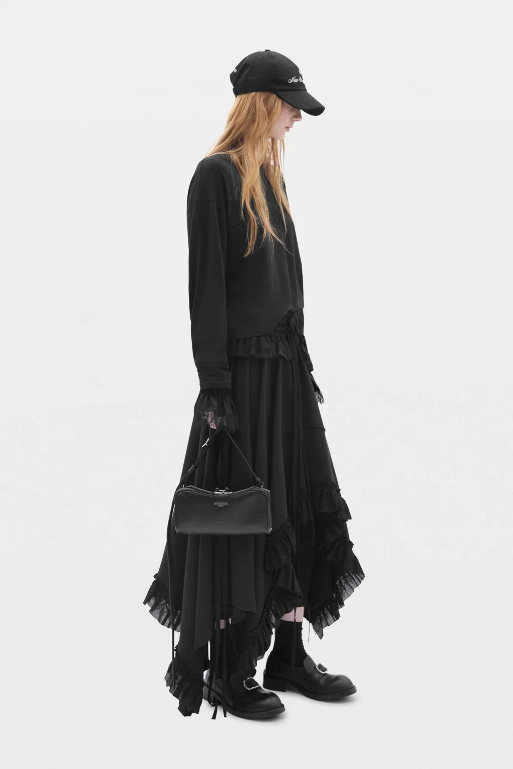 ASKE SKIRT W/ LIGHT COTTON AND LACE RUFFLES BLACK