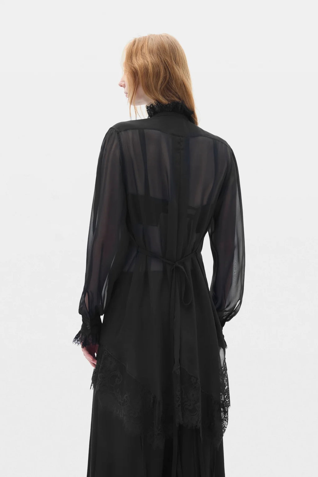 BARAH LONG COMFORT SHIRT WITH LACE RUFFLES BLACK