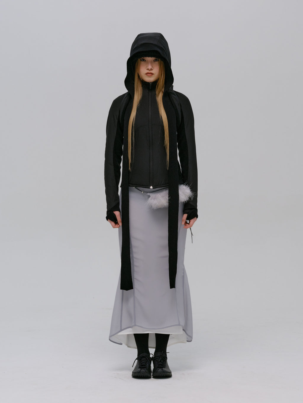 PANELED JACKET w/ HARNESS HOODIE BLACK