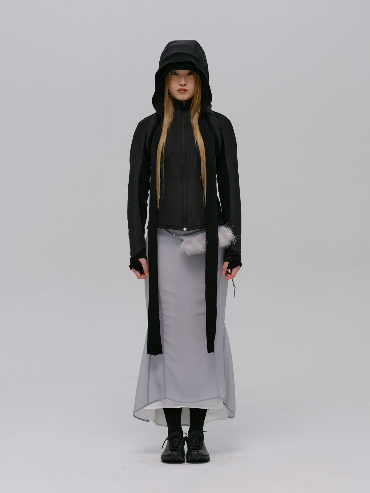 PANELED JACKET w/ HARNESS HOODIE BLACK