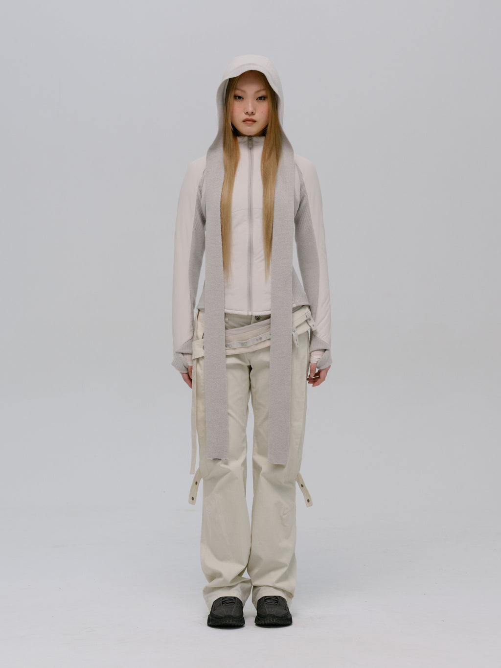 PANELED JACKET w/ HARNESS HOODIE FRENCH GREY