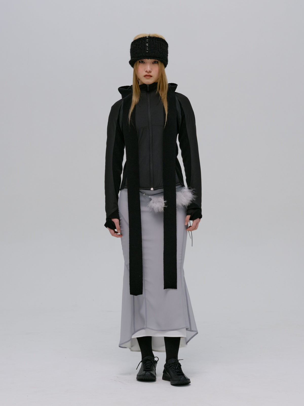 PANELED JACKET w/ HARNESS HOODIE BLACK