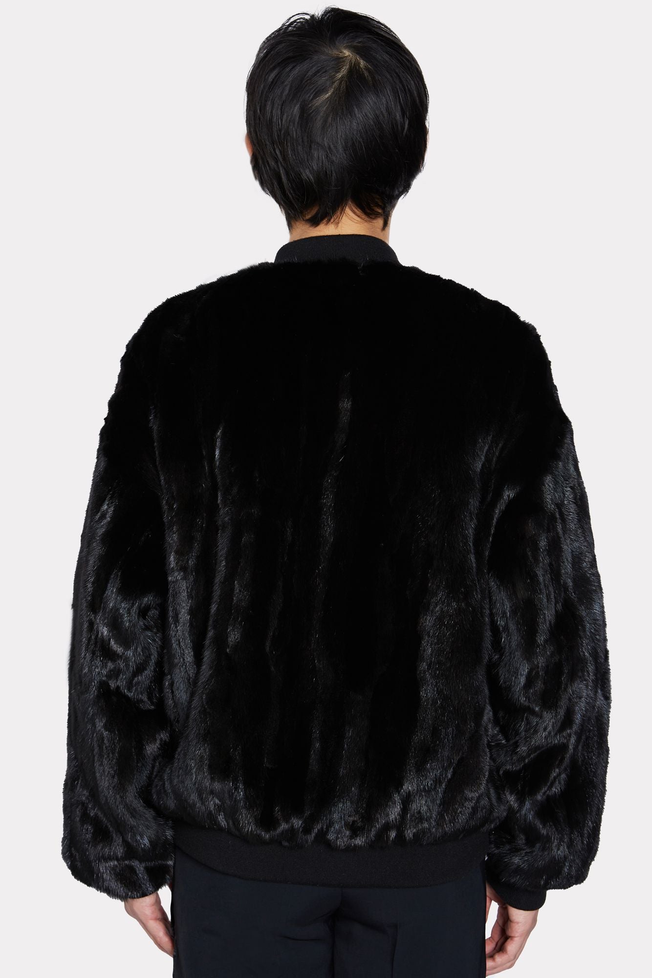 BLACK UNISEX REVERSIBLE MINK FUR BOMBER W/ LOGO