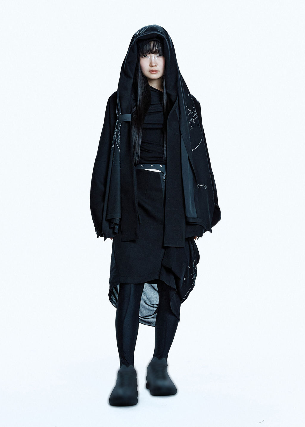 HOODED JACKET w/ GRAPHIC MUFFLER BLACK